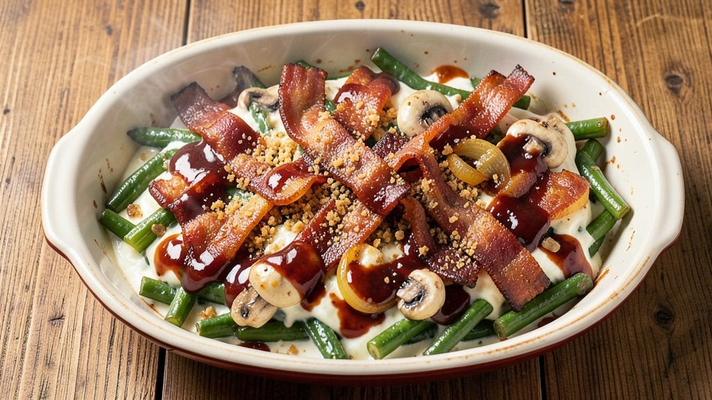BBQ Green Bean Casserole Recipe: Smoky Bacon Crunch Over Creamy Tomato Mushroom