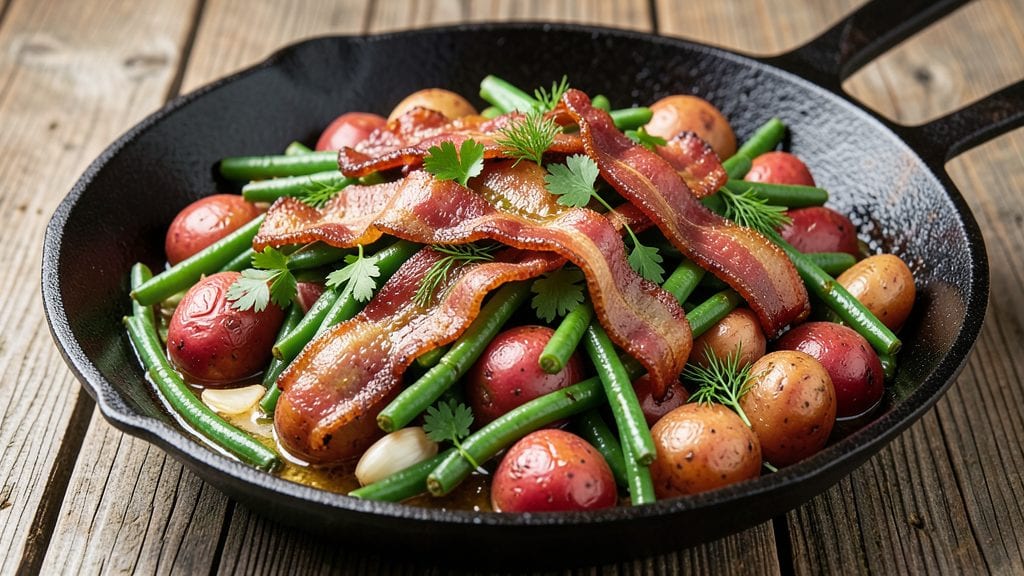 Country Ranch Green Beans and Potatoes With Bacon Recipe: Crispy Bacon Bites and Herby Freshness