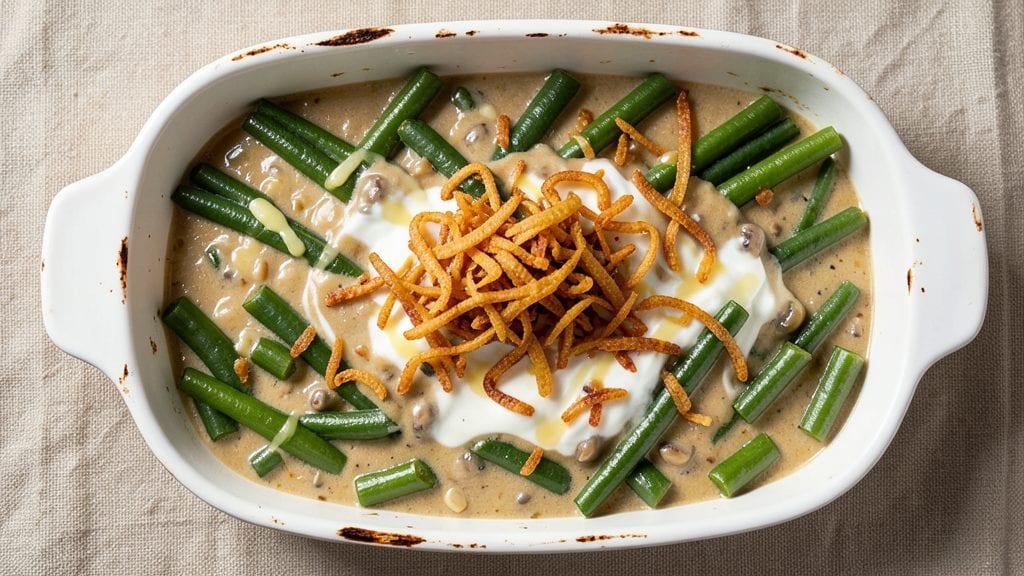 Original Campbell Soup Green Bean Casserole Recipe: French Fried Onion Crunch Over Creamy Mushroom Topping